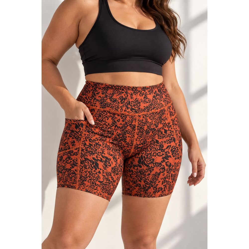 Bebe Sport Women’s 3X Orange Black Leopard Print High Rise Bike Shorts Pockets